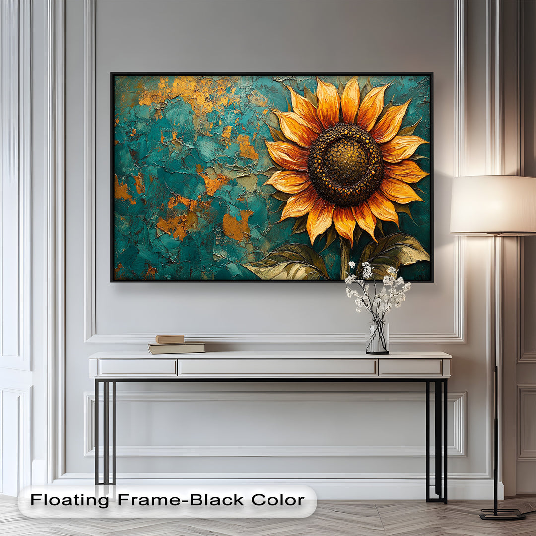 Sunflower on Textured Teal - Flower Oil Painting