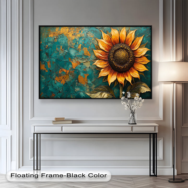 Sunflower on Textured Teal - Flower Oil Painting