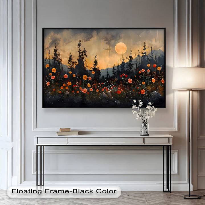 A poetic fusion of twilight and bloom, this artwork offers a serene yet dramatic scene full of color and tranquility.