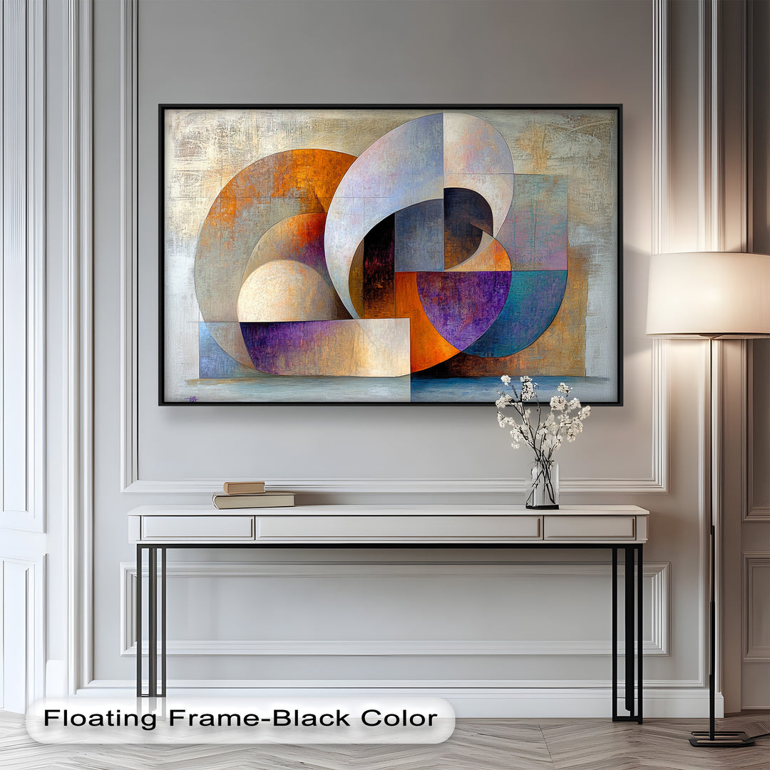 Abstract geometric painting with interwoven arcs and rich earthy hues.
