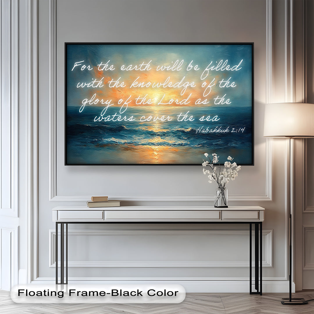 Tranquil beach painting with rich blues and warm light.
