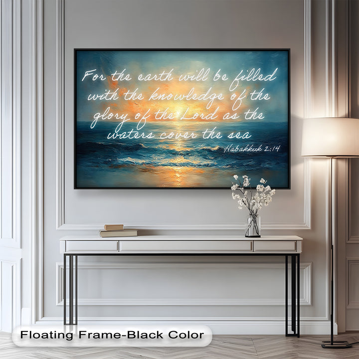 Tranquil beach painting with rich blues and warm light.

