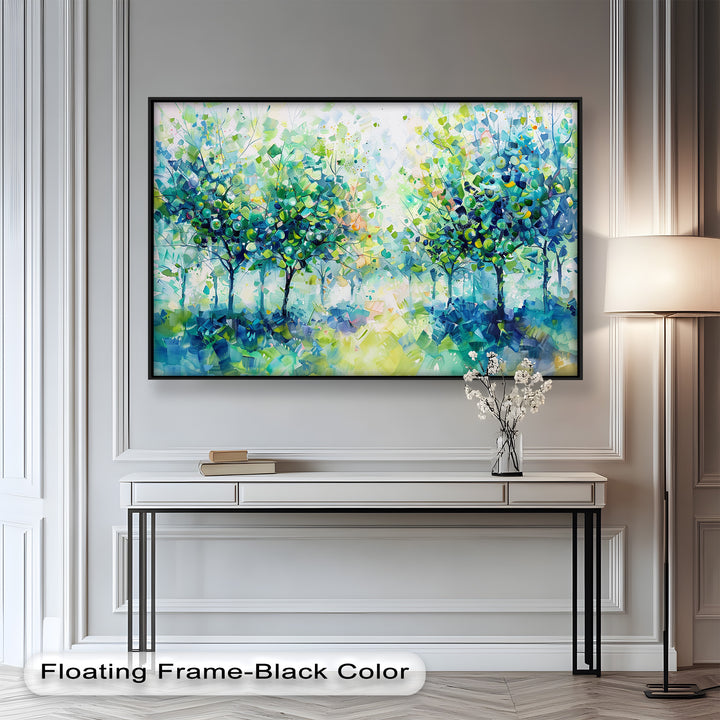Blue & Green Forest Landscape – Abstract Nature Oil Painting