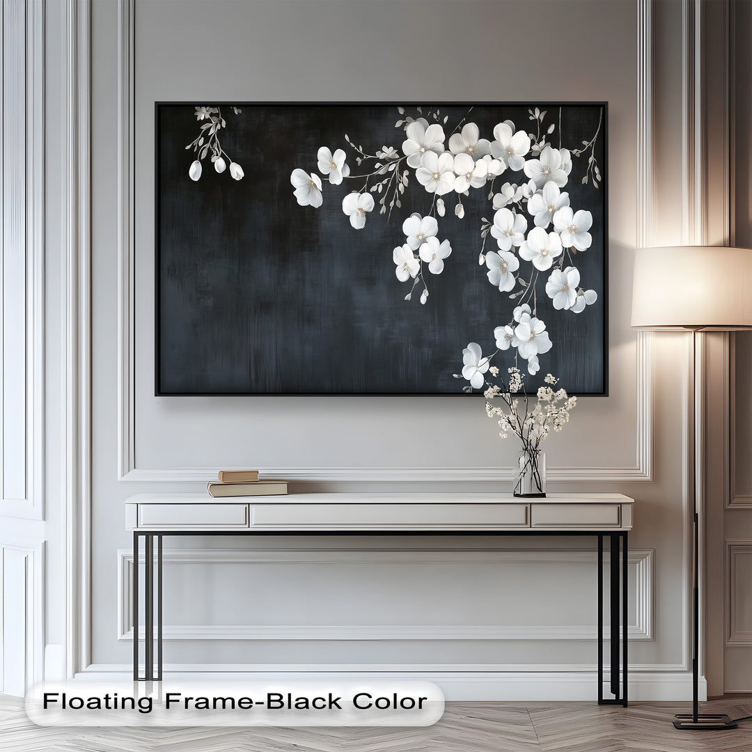 White Cherry Flowers on Midnight Blue - Flower Oil Painting