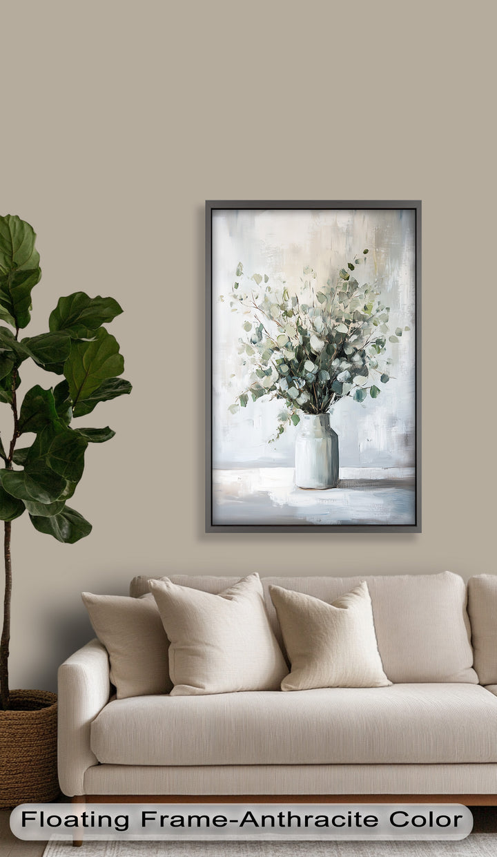Eucalyptus Essence – Minimalist Greenery in Ceramic Vase Oil Painting