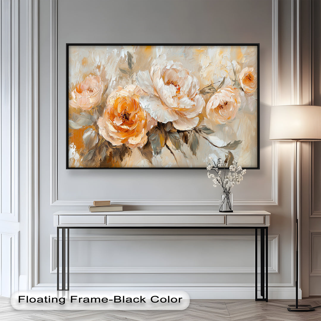 Elegant oil painting of soft peach and white roses in an impressionist style.
