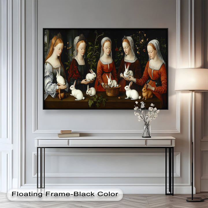 Maiden Garden Gathering – Renaissance Rabbit Portrait Oil Painting