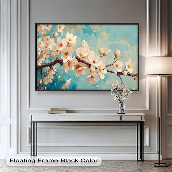 An impressionistic composition of white and blush blossoms clustered on a tree branch, with gentle brushstrokes in blue and teal.