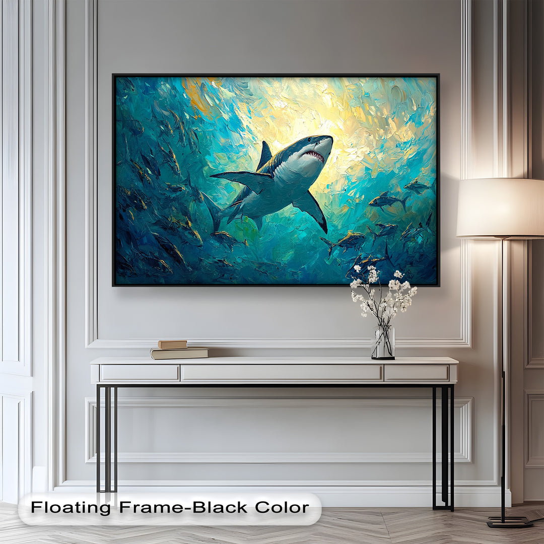 Great White Shark in Sunlit Ocean Depths – Animal Oil Painting