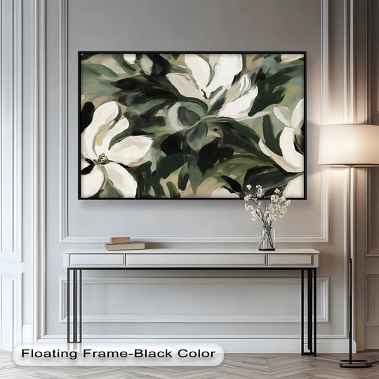 Highlighting the edge and borders, this modern oil painting art of cream blooms in forest green features a sleek black floating frame.
