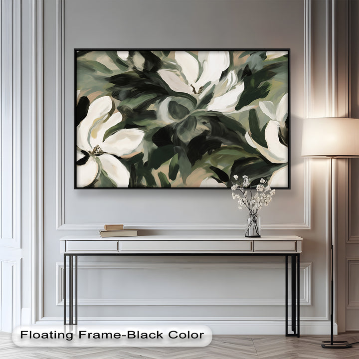 Cream Blooms in Forest Green - Flower Oil Painting