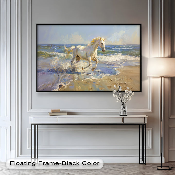 White Horse Galloping on Beach – Dynamic Oil Painting