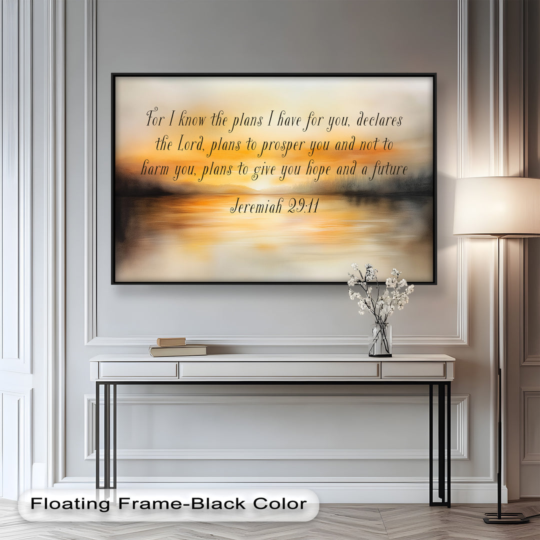Tranquil sunset painting over calm waters with Jeremiah 29:11.
