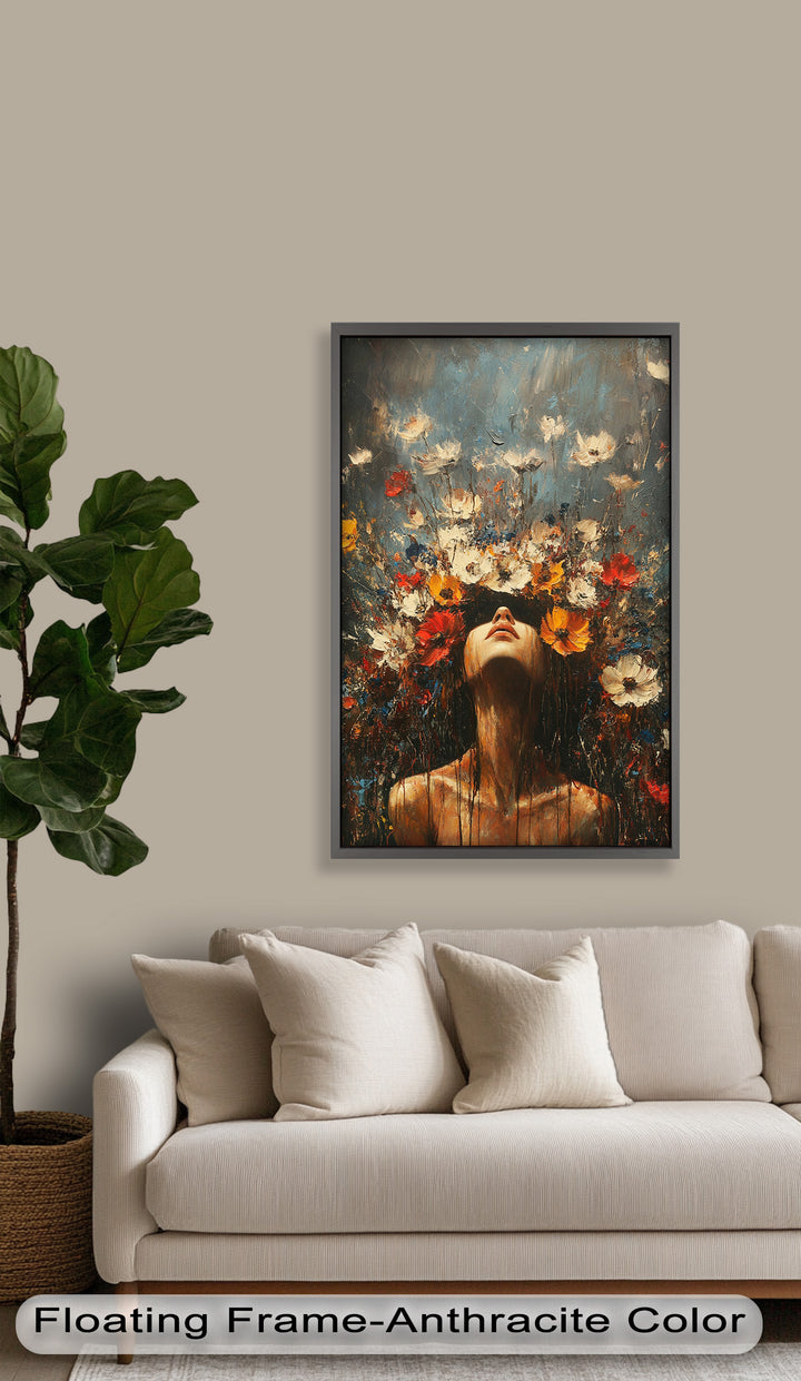 Floral Rebirth – Woman with Blossoming Crown Abstract Oil Painting