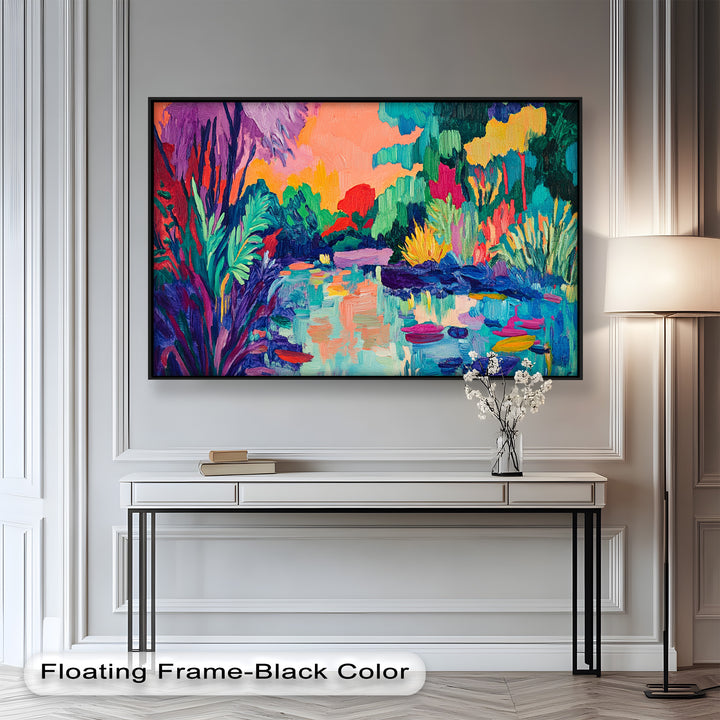 Sunset Reflections Oil Painting – Fauvist Lakeside Dreamscape