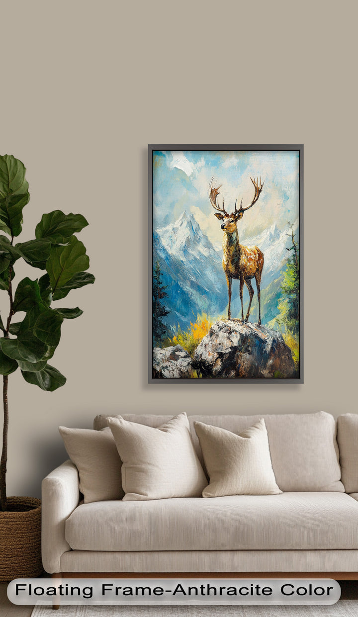 Stag in Mountain Landscape - Animal Oil Painting