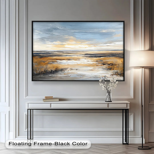 Tranquility emanates from this golden horizon seascape oil painting reproduction print, capturing a serene and peaceful mood with its calming coastal scene.