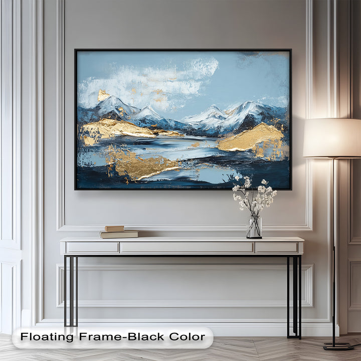 Arctic Peaks – Abstraktes Ölgemälde mit Bergmotiven in Blau und Gold