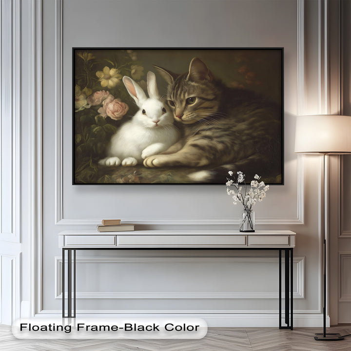 Cat and Rabbit in Floral Harmony - Animal Oil Painting