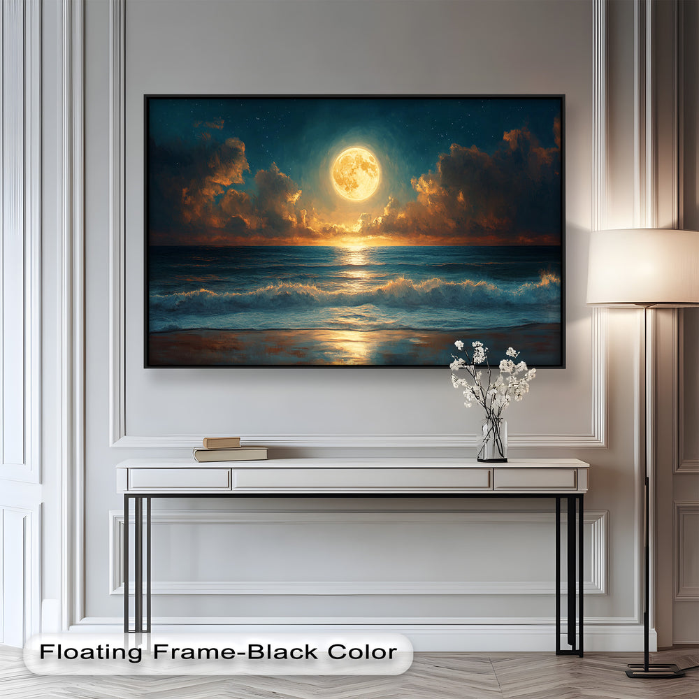 With deep blues, golden highlights, and dramatic lighting, the artwork creates a magical nighttime scene filled with mystery and serenity.

