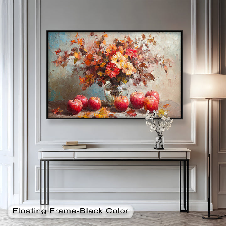 A celebration of fall’s natural beauty, this artwork pairs vibrant apples with colorful foliage in a timeless, painterly arrangement.