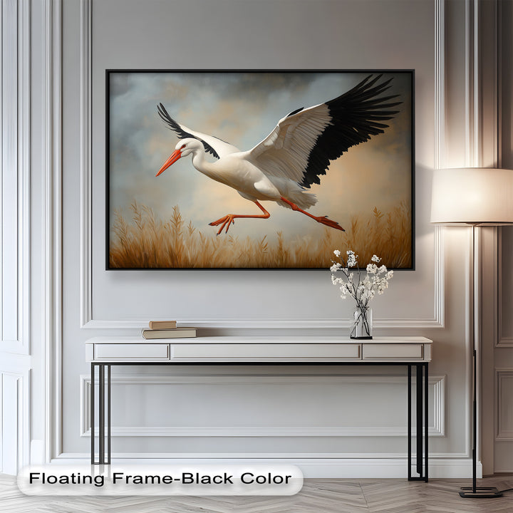 Stork in Flight over Golden Grasses – Animal Oil Painting
