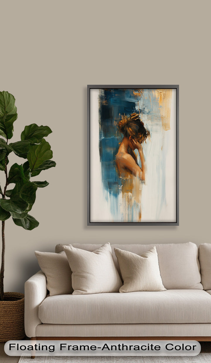 Veil of Thought – Introspective Woman in Blue and Gold Abstract Oil Painting