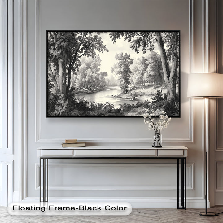 Zeitloser Waldfluss – Monochromes Landschaftsölgemälde
