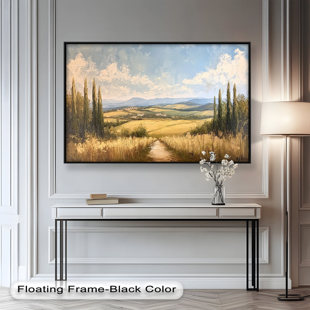 A breathtaking Tuscan countryside unfolds in this stunning painting, where rolling golden fields, towering cypress trees, and distant villages create a timeless Mediterranean charm.