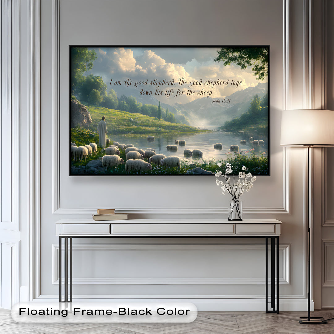 Serene pastoral scene of a shepherd guiding his sheep near a tranquil river.
