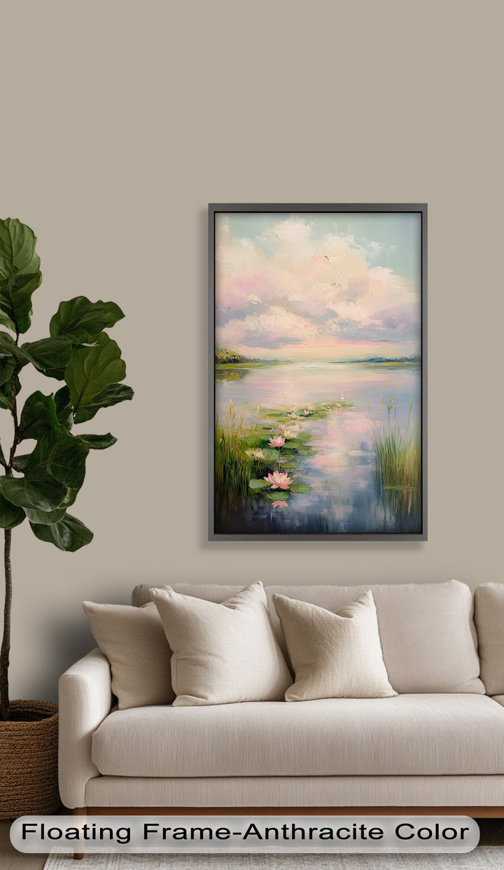 Lotus Tranquility – Seerosen auf pastellfarbenem Seeblumen-Ölgemälde