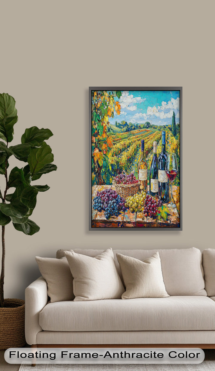 Wine Bottles and Grapes in Sunlit Fields - Still Life Oil Painting
