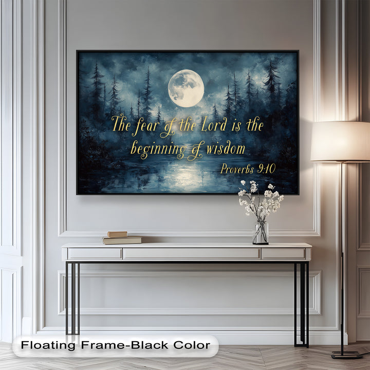 Faith-inspired artwork with a glowing moon, misty lake, and biblical wisdom.
