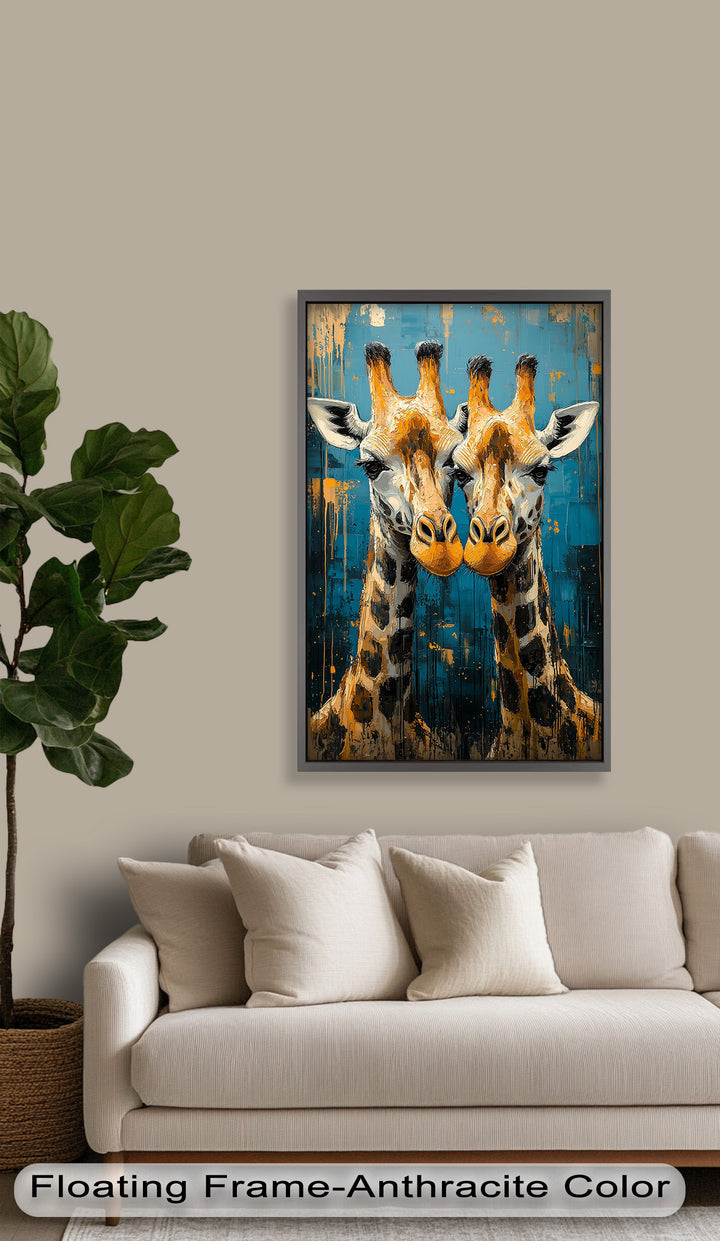 Zwei Giraffen in blauer abstrakter Harmonie - Tierölgemälde