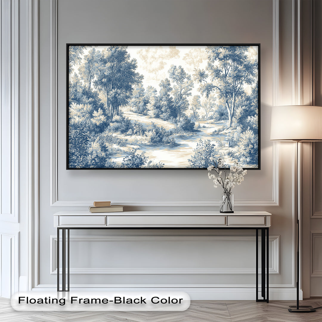 Toile-style pastoral scene with trees and winding river in blue tones.
