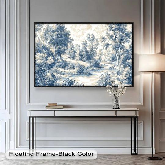 Flowing brushstrokes evoke a sense of movement in this classic blue woodland scene, a vintage oil painting art prints of a meandering stream through the forest.