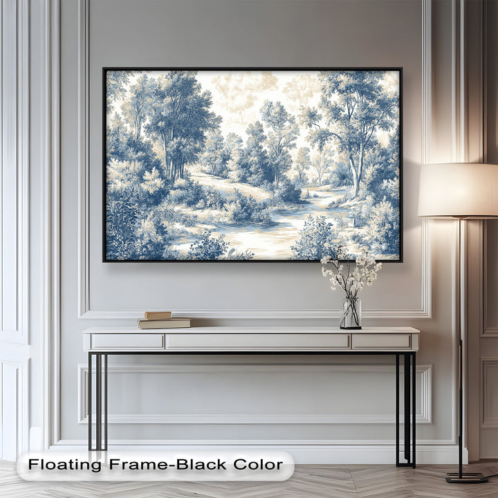 Toile-style pastoral scene with trees and winding river in blue tones.

