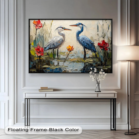 Depth and layers are accentuated in this animal oil painting art prints, revealing the rich texture of each heron and flower in a captivating composition.