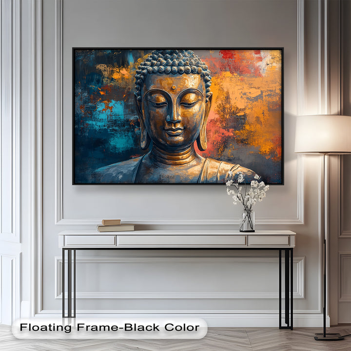 A striking fusion of spirituality and color, featuring a serene bronze Buddha in front of a vibrant, contemporary abstract background.
