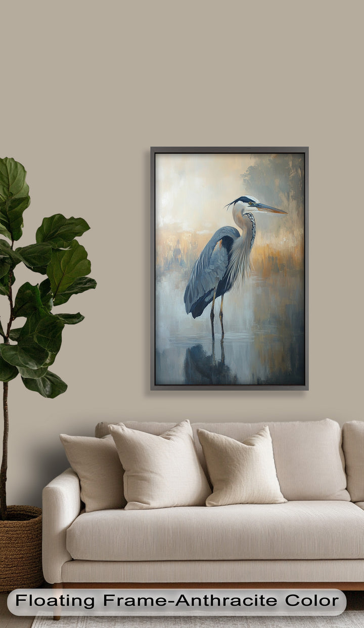 Heron in Misty Marshland - Framed Oil Painting