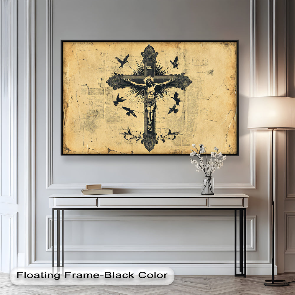A striking gothic-inspired crucifixion illustration with intricate decorative elements, bold black detailing, and a distressed antique paper texture.