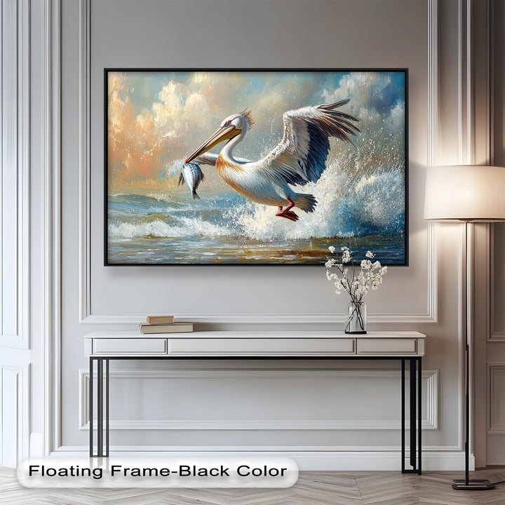 Pelican Catching Fish in Ocean Surf – Animal Oil Painting