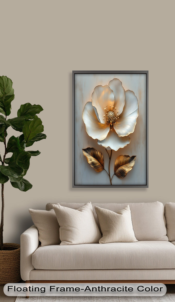 Golden Glow Bloom – White and Gold Flower Oil Painting
