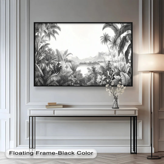 Black and white jungle oil painting decoration is a bold, tropical nature oil painting with striking contrast, framed in black and mounted above a console table.