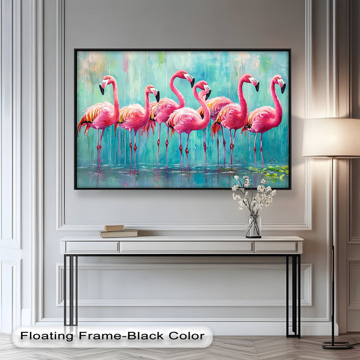 Flamingoschwarm auf dem Wasser – Tierölgemälde