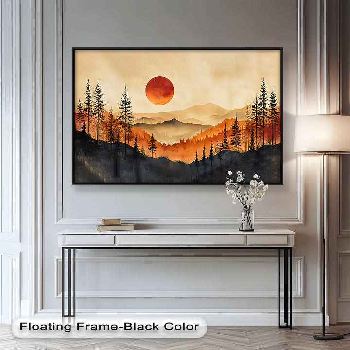 A stunning tribute to the wilderness, this piece captures the quiet majesty of forested mountains under a glowing sunrise or sunset.