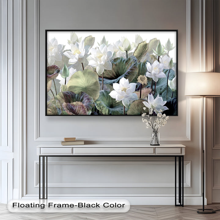 A modern nature-inspired artwork with ethereal white lotus flowers, rich green lily pads, and subtle earthy accents, perfect for a calming ambiance
