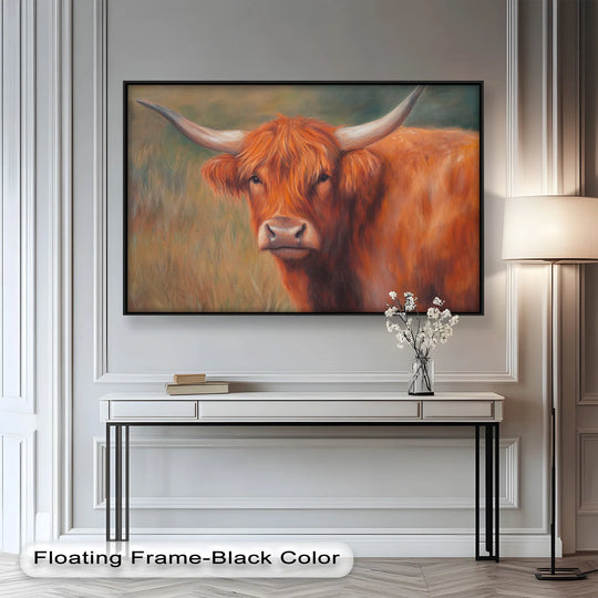 Amiable and calming, the warm Highland Cow oil painting art piece evokes a serene and rustic mood with its gentle depiction of animal wall art.