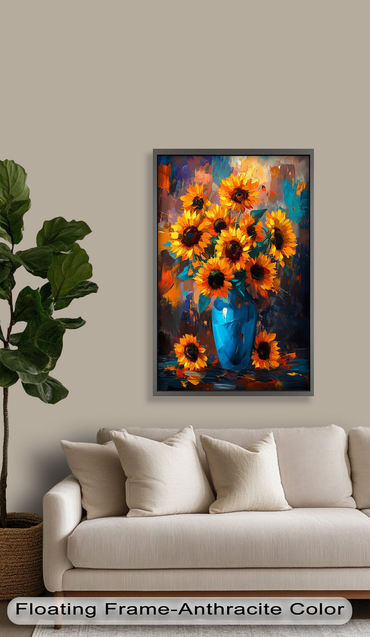 Sunlit Joy – Bold Sunflowers in Blue Vase Oil Painting