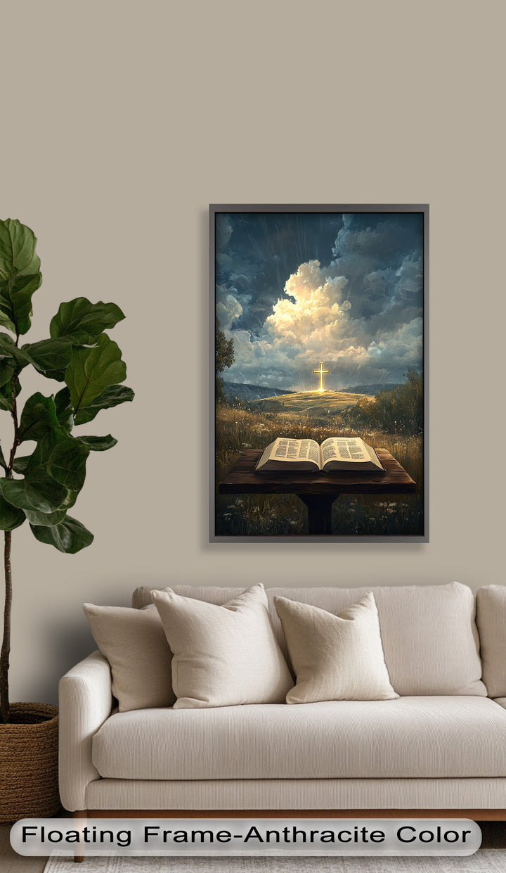 Göttliche Offenbarung – Bibel und leuchtendes Kreuz, christliches Ölgemälde